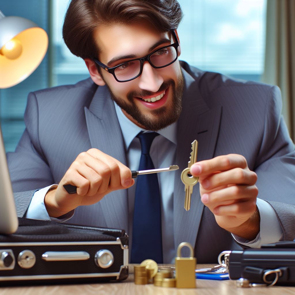 An image of a locksmith duplicating a key for a business owner.