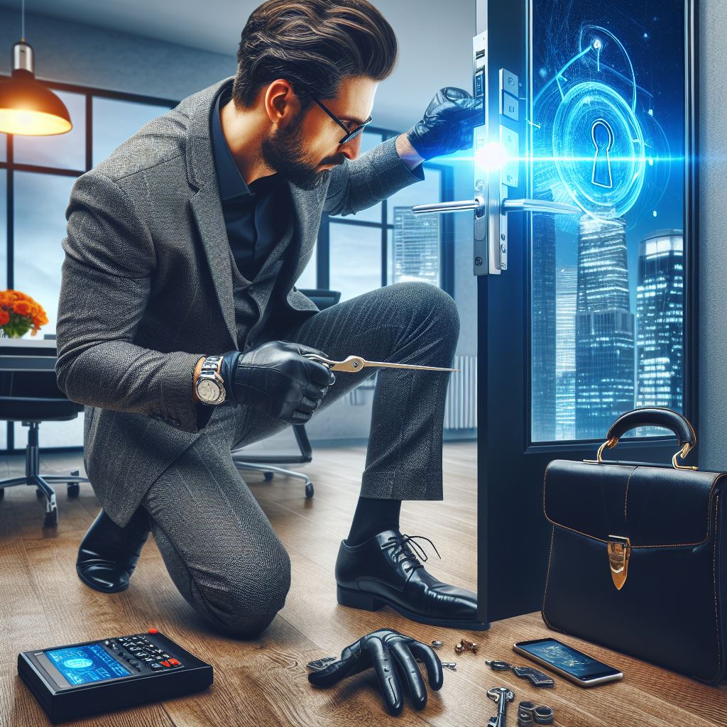 An image of an office door being opened by a locksmith using advanced techniques.