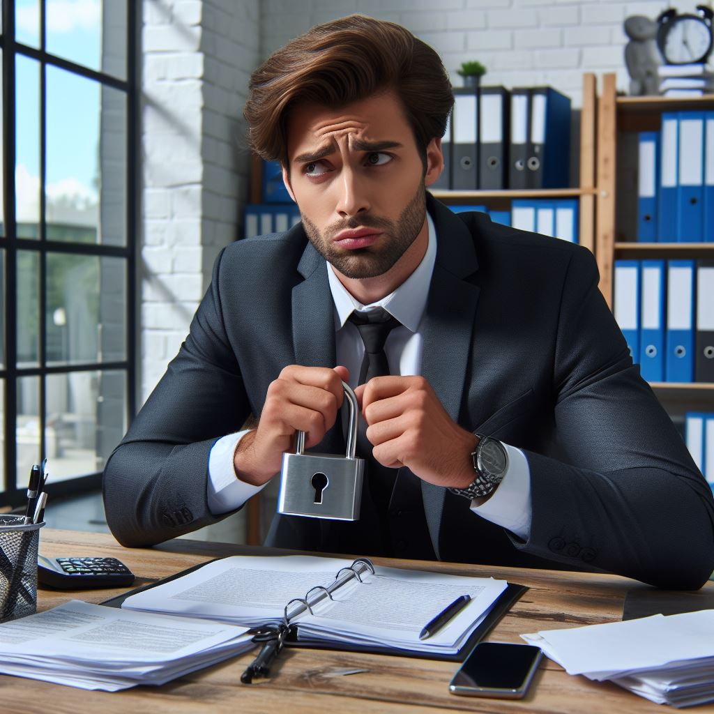 An image showing a business owner locked out of their office, looking frustrated.